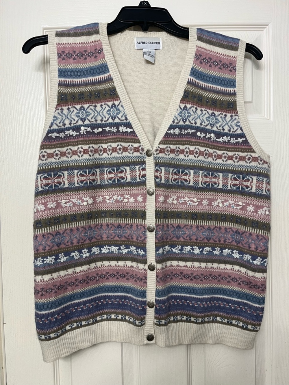 Alfred Dunner Cream Multicolor Fair Isle Buttoned Sweater Vest